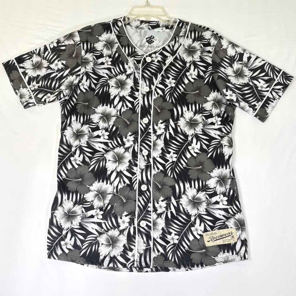 Rocawear Mens L Floral Baseball Jersey Black White Y2K Streetwear